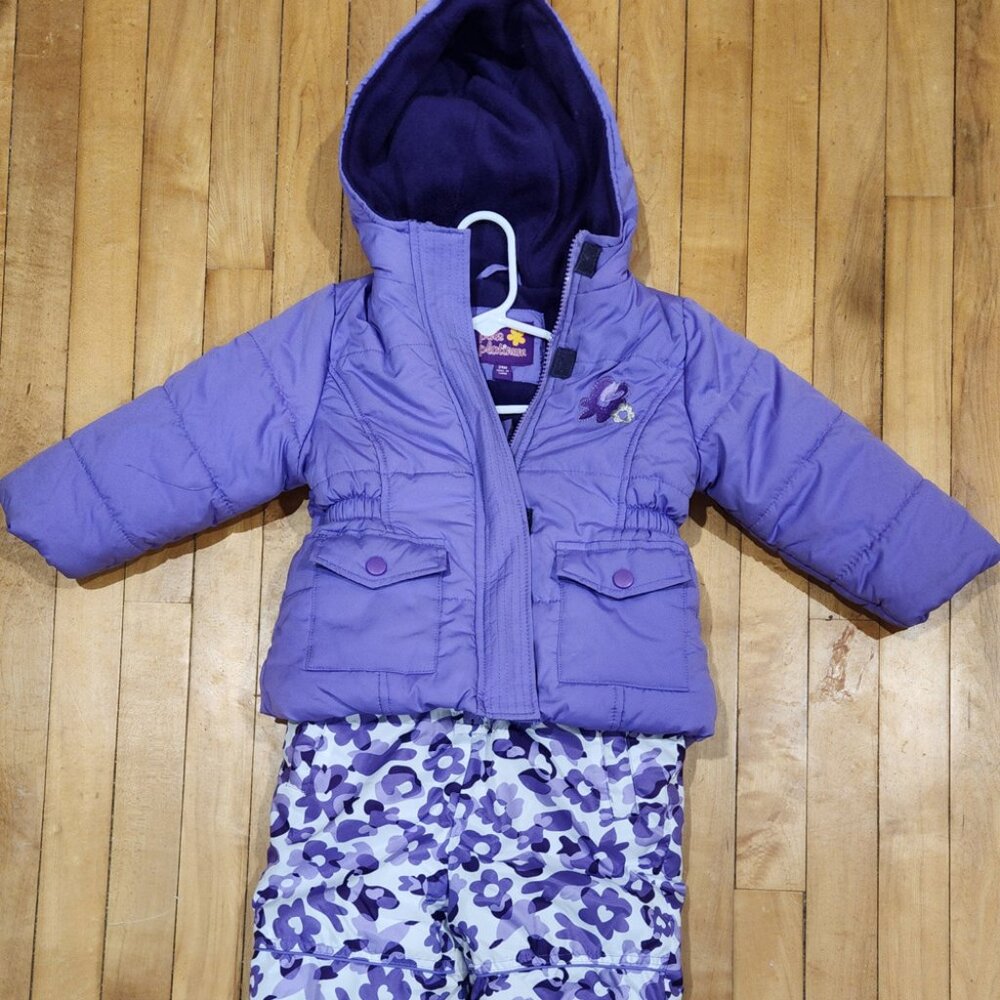 Pink Platinum Purple Hooded Puffer Jacket with Floral Snow Pants